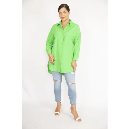 Şans Women's Plus Size Green Front Buttoned Long Sleeve Shirt