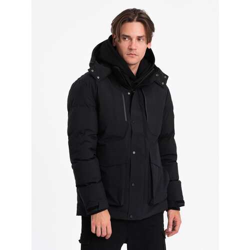Ombre Men's winter jacket with detachable hood and cargo pockets - black Cene