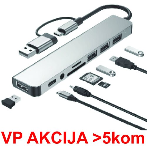  A-CM-COMBO8-06 ** USB-A + USB-C multi-port 8-in-1 USB3.0+USB2.0+SD+3.5mm+Data (838) Slike