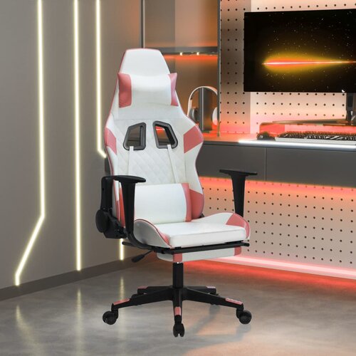VidaXL Gaming stol z oporo za noge belo in roza umetno usnje Slike