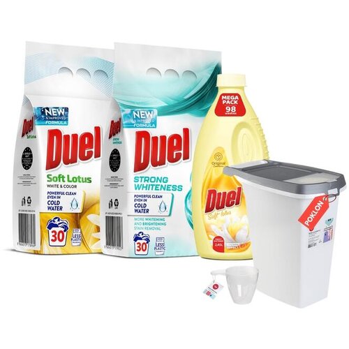 Duel Praškasti deterdžent Strong Whiteness 2,7kg + Soft lotus 2,7kg + Omekšivač Soft Lotus 2,45l + kutija za prašak Cene
