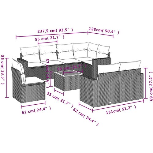 vidaXL 9-dijelni set vrtnih sofa od poliratana s jastucima sivi Cijene