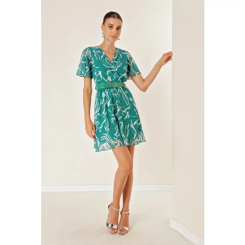By Saygı Lined Floral Patterned Chiffon Dress with a Double Breasted Collar Waist, Belt and Belt.