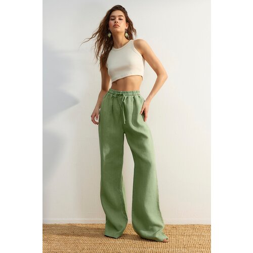 Trendyol Green 100% Linen High Waist Wide Leg Pants with Elastic Waist. Slike