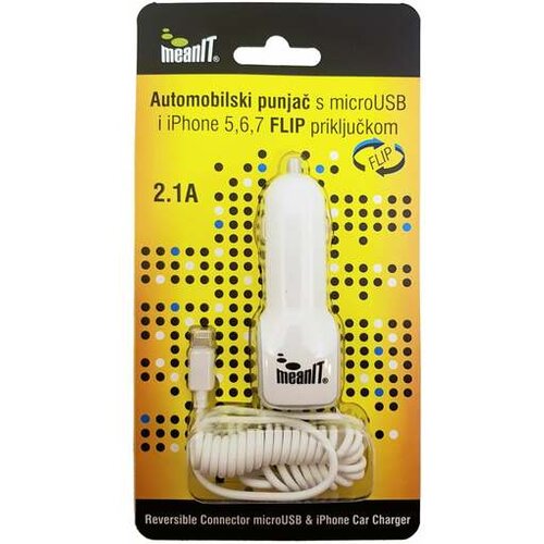 Meanit auto punjač za smartphone/iPHONE, 2.1A, FLIP konektor Slike