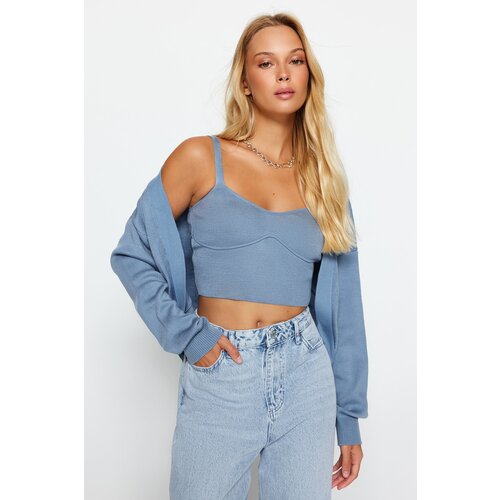 Trendyol Blue Crop V-Neck Knitwear Cardigan Slike