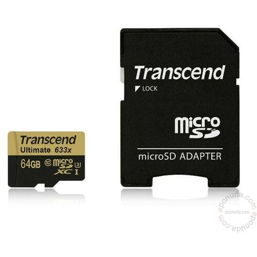 Transcend Micro SD 64 GB, Class 10, UHS-1 U3, 633X, w/SD adapter, TS64GUSDU3 memorijska kartica Slike