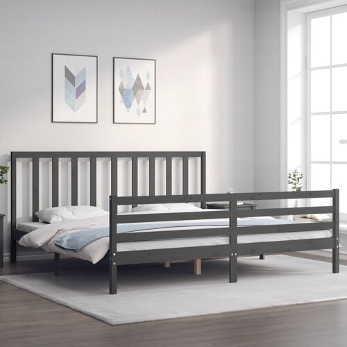 The Living Store Posteljni okvir z vzglavjem siv 200x200 cm trden les - Posteljni Okvir, (21525294) Slike