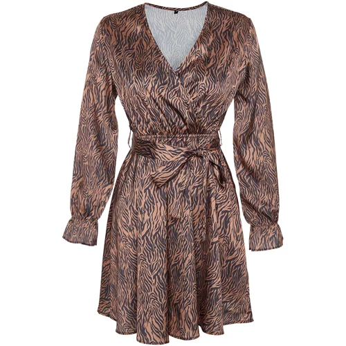 Trendyol Animal Patterned Knitted Dress With Brown Belt, Double Breasted