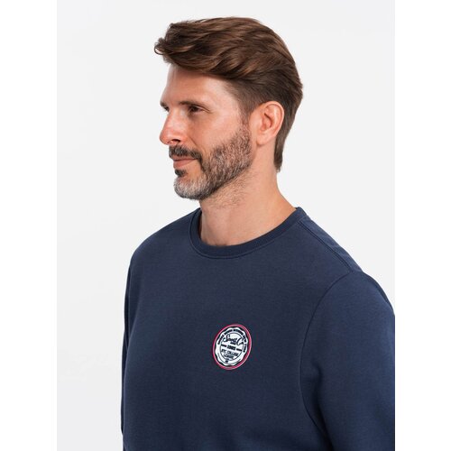 Ombre Men's non-stretch sweatshirt with college style patch - navy blue Slike