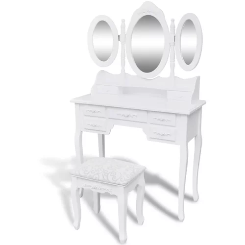 vidaXL Toaletna miza s stolčkom in 3 ogledali bele barve