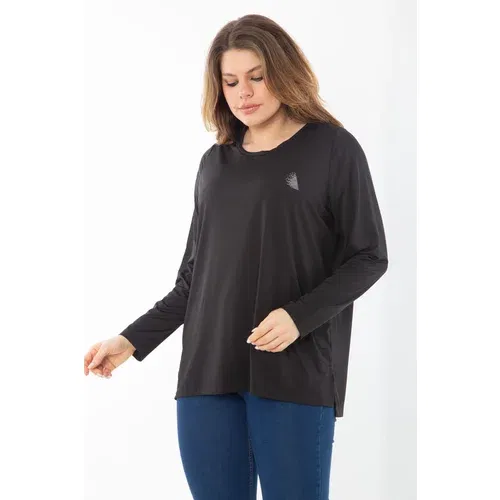 Şans Women's Plus Size Black Crew Neck Sports Blouse