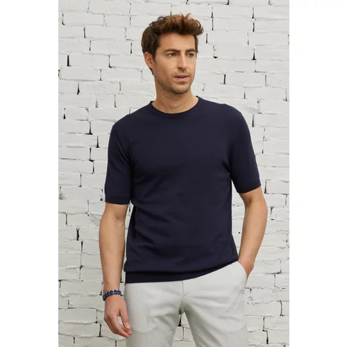 ALTINYILDIZ CLASSICS Men's Navy Blue Standard Fit Normal Cut Crew Neck 100% Cotton Short Sleeves Knitwear T-Shirt.