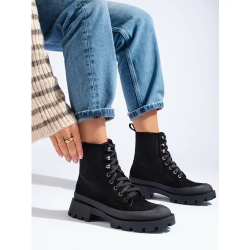 SHELOVET Black laced suede ankle boots