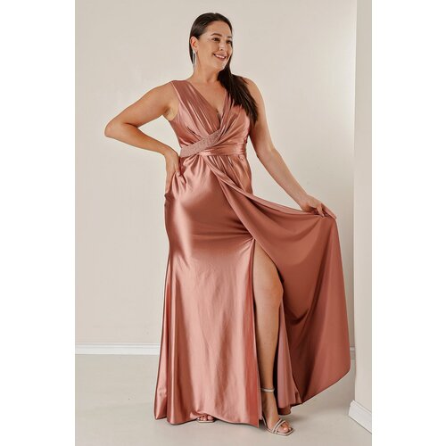 By Saygı Plus Size Lined Long Satin Dress with Beads and Detail Draping in the Front. Slike