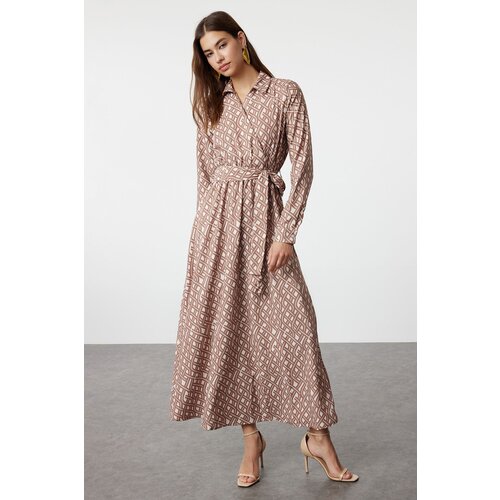 Trendyol Ecru Mono Patterned Belted Satin Woven Hijab Dress Slike