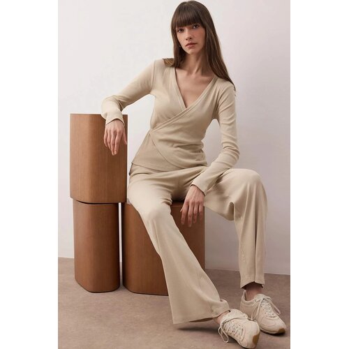 TRENDYOLMILLA ženski set Anvelop Wideleg/Wide Leg Knitted Top and Bottom Set Twoaw26Au00030, Bež - Kamen Cene
