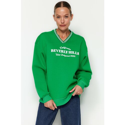 Trendyol Green Oversize/Wide Fit Knitwear Detailed with a tagline, Fleece Inside Knitted Sweatshirt Slike