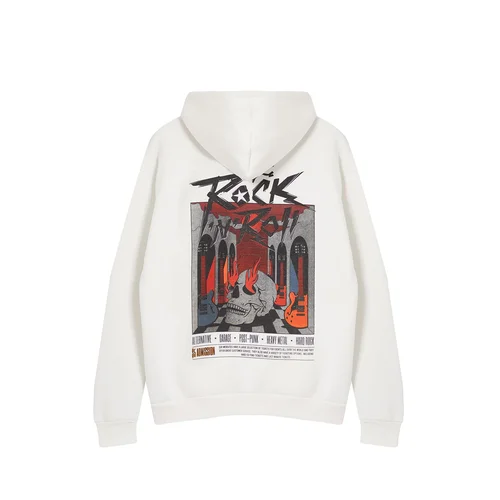 Trendyol Ecru Oversize/Wide Cut Polar Fleece Hooded Rock Printed Sweatshirt