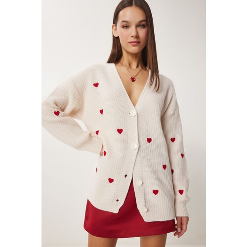 Happiness İstanbul Women's Cream Heart Textured Long Knitwear Cardigan Cene