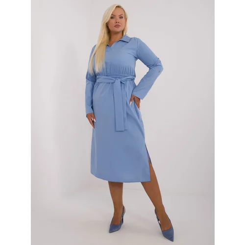 Fashion Hunters Plus Size Blue Cotton Dress with Belt