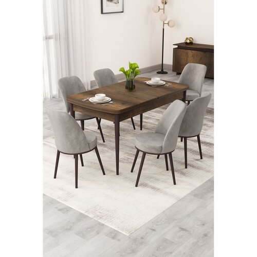 Hanah home trpezarijski set Rax, sto na razvlačenje i 6 stolica, ploča u dekoru drveta Baroque, siva tkanina Babyface Cene