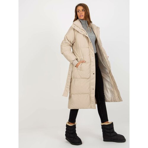 Fashion Hunters Light beige long quilted winter jacket with a belt Slike