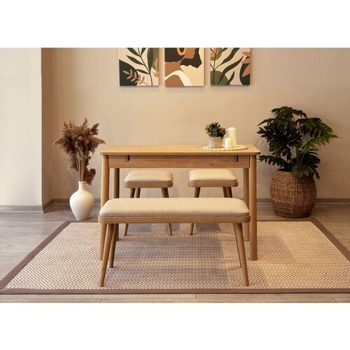 Hanah home Vina Mini 04 1005 - Oak, Cream OakCream Extendable Dining Table & Chairs Set (4 Pieces) Cene