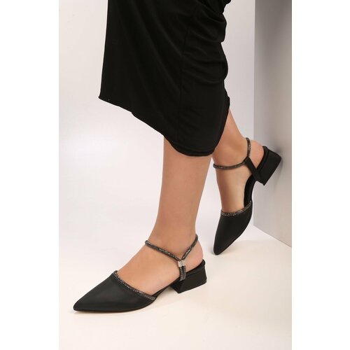 Shoeberry Women's Tine Black Satin Stone Heeled Shoes Cene