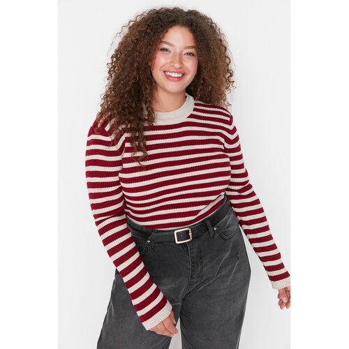 Trendyol Curve Claret Red Striped Crew Neck Knitwear Sweater Slike