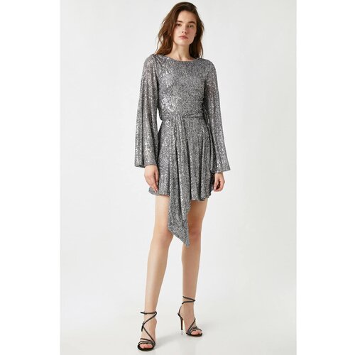 Koton Women&amp;#039;s Sequined Dress Evening Dress Long Sleeve Boat Collar Short Slike