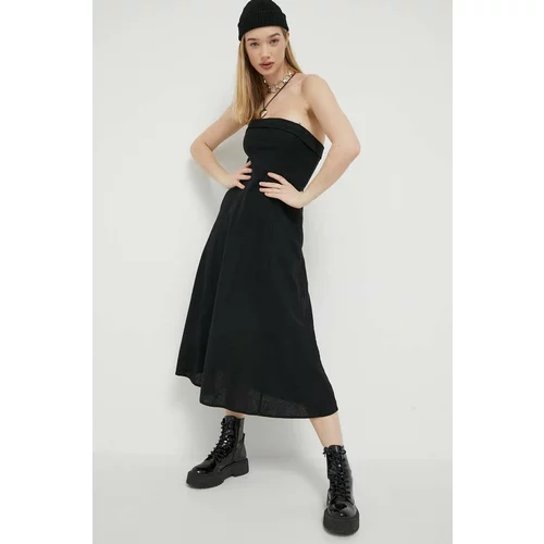 Abercrombie & Fitch Lanena haljina boja: crna, midi, širi se prema dolje