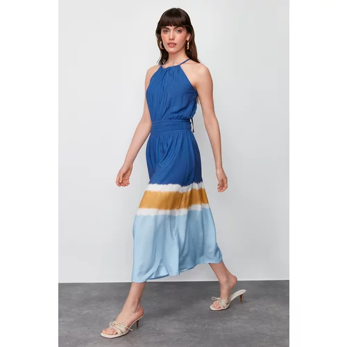 Trendyol Ecru-Blue A-Line Viscose Woven Dress with Gipe Detail at the Waist