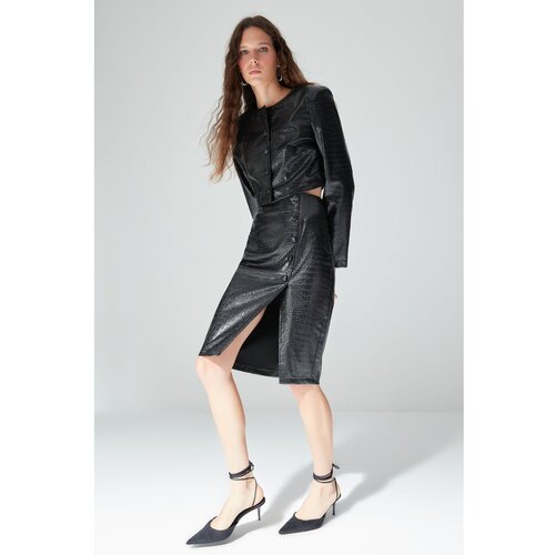 Trendyol Limited Edition Black Faux Snakeskin Midi Skirt Cene