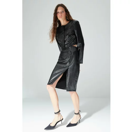 Trendyol Limited Edition Black Faux Snakeskin Midi Skirt