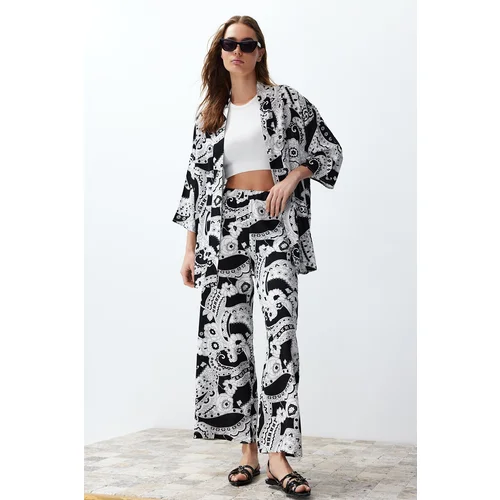 Trendyol Black Patterned Kimono Trousers Woven Bottom-Top Set