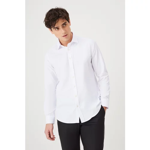 ALTINYILDIZ CLASSICS Men's White Slim Fit Narrow Cut Classic Collar Cotton Dobby Shirt