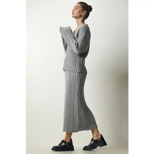 Happiness İstanbul Women's Gray Ribbed Sweater Skirt Knitwear Suit