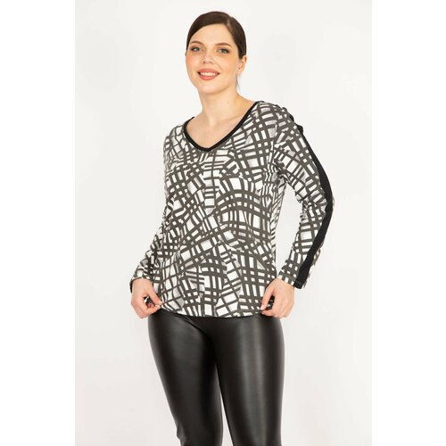 Şans women's khaki plus size v-neck sleeve striped blouse Slike