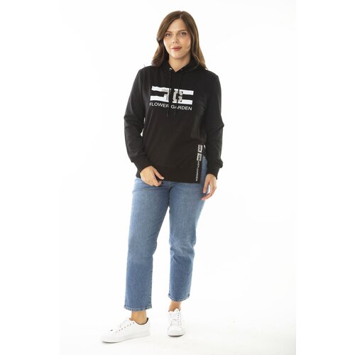 Şans Women's Plus Size Black Stone And Print Detailed Hooded Side Slit Sweatshirt Slike