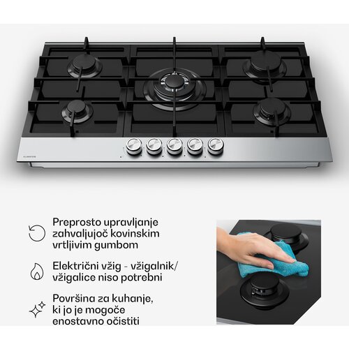 Klarstein Verosteel plinsko kuhalo, 5 plamena, električno paljenje, kompatibilno s prirodnim i LPG plinom, 10400W, 90cm Slike