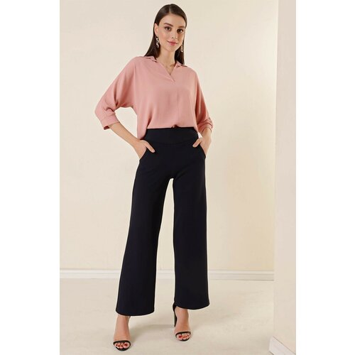 By Saygı Waist Bodice with Pockets Knitted Crepe Palazzo Pants in Navy Blue. Slike