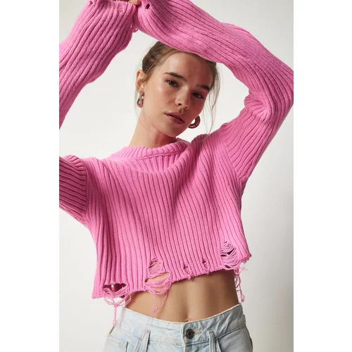 Happiness İstanbul Women's Pink Ripped Detail Knitwear Crop Sweater