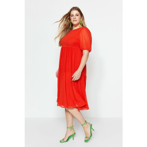 Trendyol Curve Red Ruffle Woven Chiffon Plus Size Dress Slike