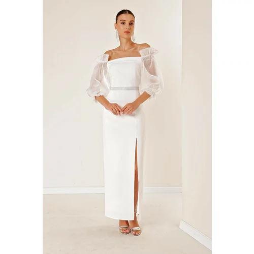 By Saygı Square Collar With Sleeves Organza A Slit in the Front, Belted Waist Long Dress in Ecru.