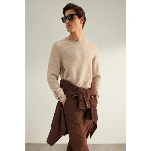 Trendyol Limited Edition Beige Men's Regular Fit Crew Neck Wool Basic Knitwear Sweater