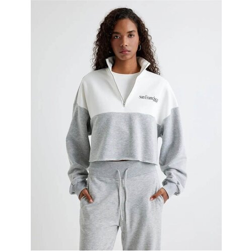 Koton Half Zip Crop Sweatshirt Color Block Printed Back Stand Collar Slike