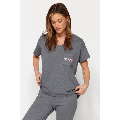 Trendyol Gray Black 100% Cotton Pocket Printed Wide Fit Tshirt-Pants Knitted Pajama Set Slike