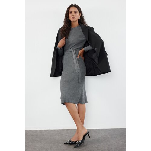 Trendyol Anthraci Midi Knitwear Belt Detailed Dress Slike