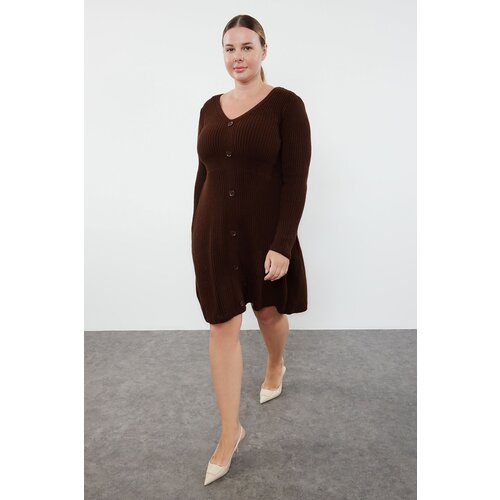 Trendyol Curve Dark Brown V-Neck Knitwear Dress Cene